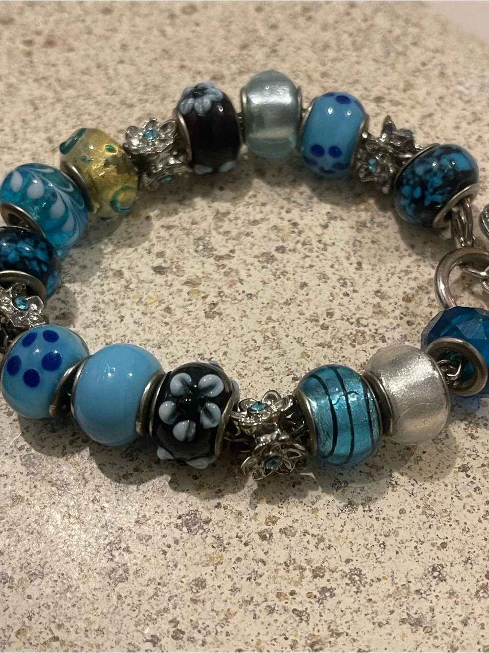 Blue Glass Bead Charm Bracelet - Silver Toggle Clasp